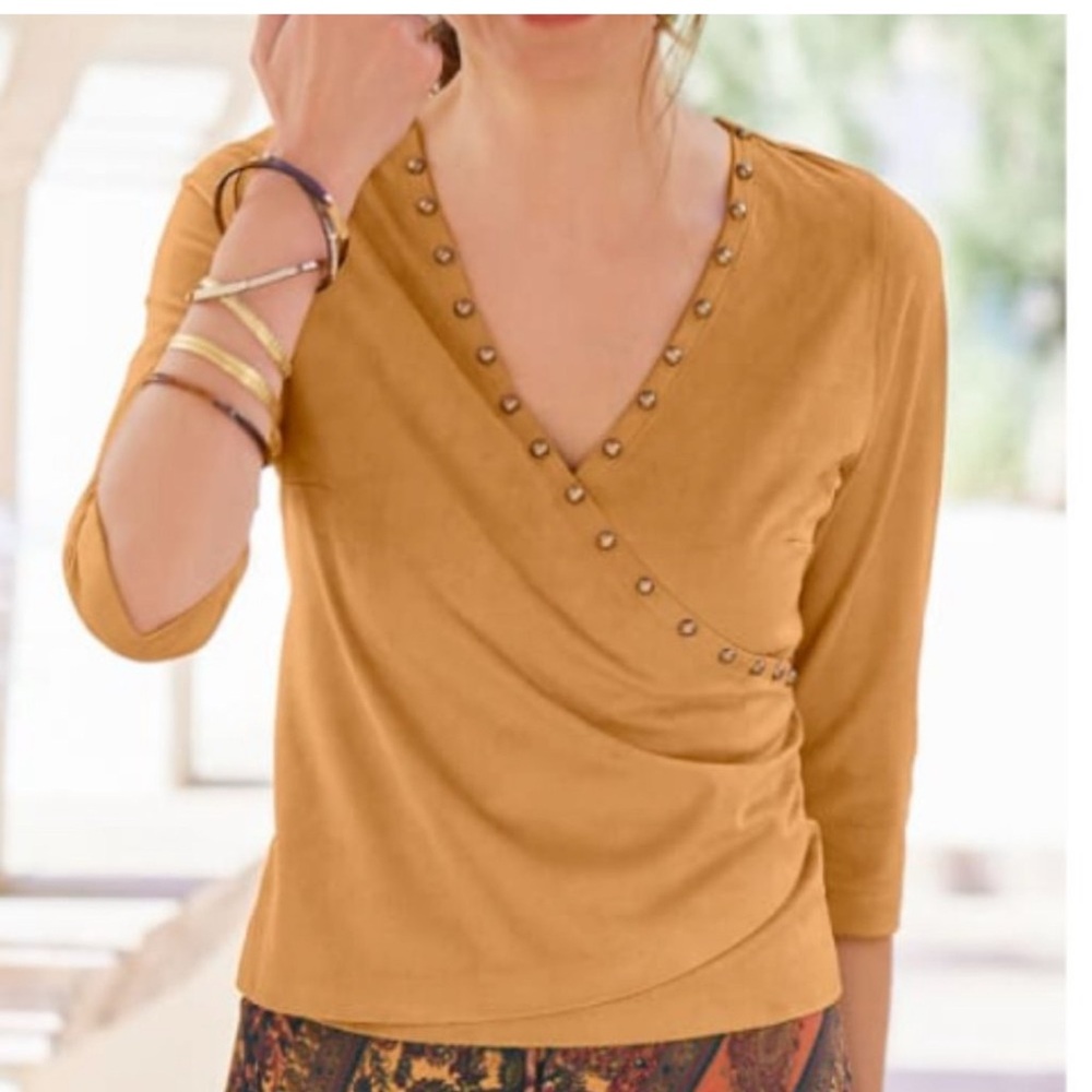 Soft Surroundings Faux Suede 3/4 Sleeve Mustard Women's Studded Wrap Top Sz XL